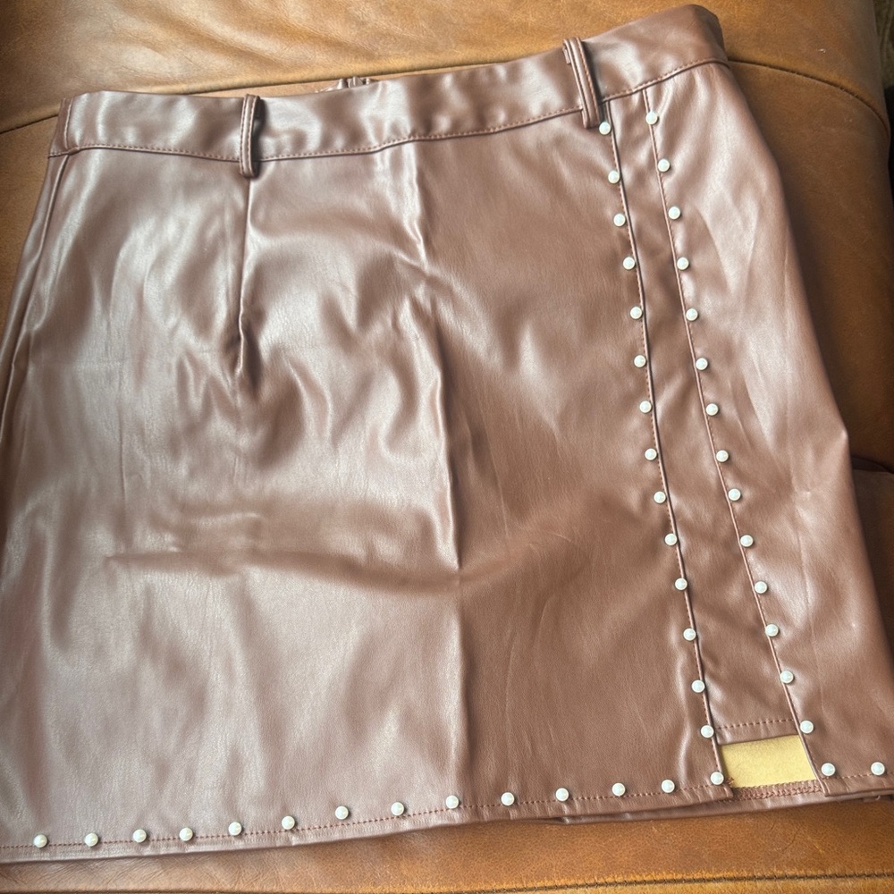 Brown Faux Leather Skirt with Studded Detail
